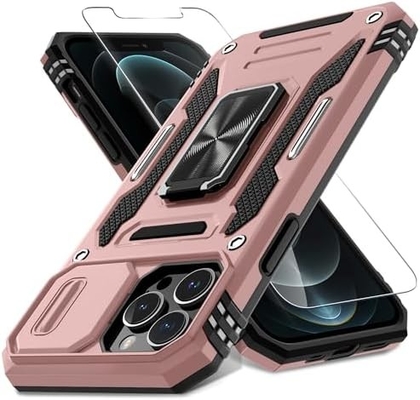 iPhone 12 Pro Max avec couverture de caméra de diapositive + protecteur d'écran ((1 paquet),Ring roté Kickstand de qualité militaire étanche aux chocs