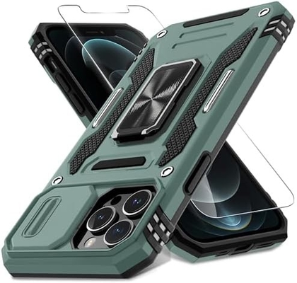 iPhone 12 Pro Max avec couverture de caméra de diapositive + protecteur d'écran ((1 paquet),Ring roté Kickstand de qualité militaire étanche aux chocs