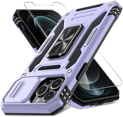 iPhone 12 Pro Max avec couverture de caméra de diapositive + protecteur d'écran ((1 paquet),Ring roté Kickstand de qualité militaire étanche aux chocs