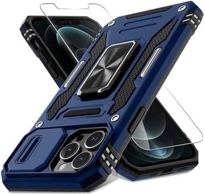 iPhone 12 Pro Max avec couverture de caméra de diapositive + protecteur d'écran ((1 paquet),Ring roté Kickstand de qualité militaire étanche aux chocs