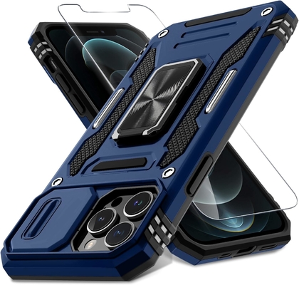 iPhone 12 Pro Max avec couverture de caméra de diapositive + protecteur d'écran ((1 paquet),Ring roté Kickstand de qualité militaire étanche aux chocs