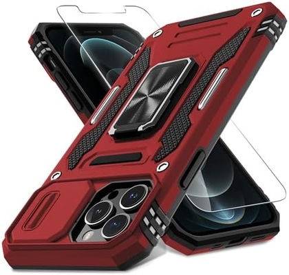 iPhone 12 Pro Max avec couverture de caméra de diapositive + protecteur d'écran ((1 paquet),Ring roté Kickstand de qualité militaire étanche aux chocs