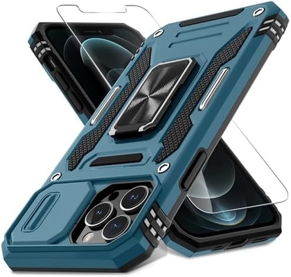 iPhone 12 Pro Max avec couverture de caméra de diapositive + protecteur d'écran ((1 paquet),Ring roté Kickstand de qualité militaire étanche aux chocs