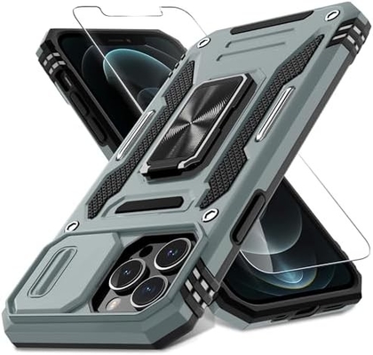 iPhone 12 Pro Max avec couverture de caméra de diapositive + protecteur d'écran ((1 paquet),Ring roté Kickstand de qualité militaire étanche aux chocs