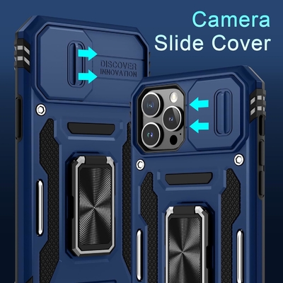 iPhone 12 Pro Max avec couverture de caméra de diapositive + protecteur d'écran ((1 paquet),Ring roté Kickstand de qualité militaire étanche aux chocs