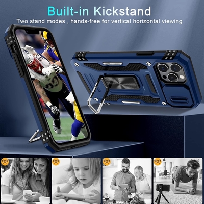 iPhone 12 Pro Max avec couverture de caméra de diapositive + protecteur d'écran ((1 paquet),Ring roté Kickstand de qualité militaire étanche aux chocs