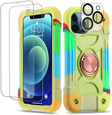 iPhone 12 Pro Max Casse 6,7 &quot; - résistant aux chocs, support d'anneau, écran en verre et protecteur de lentille de l'appareil photo (Rainbow Pink)