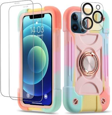 iPhone 12 Pro Max Casse 6,7 &quot; - résistant aux chocs, support d'anneau, écran en verre et protecteur de lentille de l'appareil photo (Rainbow Pink)