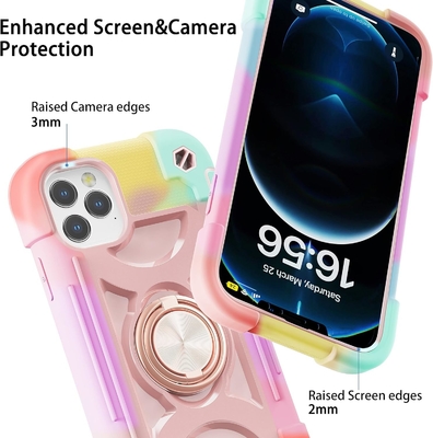 iPhone 12 Pro Max Casse 6,7 &quot; - résistant aux chocs, support d'anneau, écran en verre et protecteur de lentille de l'appareil photo (Rainbow Pink)
