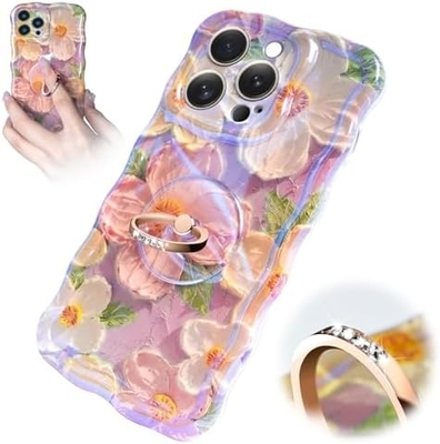 Étui pour iPhone 12 Pro Max Anneau, fleur peinte à l'huile Fleur rétro colorée, cadre ondulé mignon Étui pour téléphone pour femme
