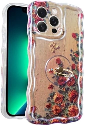 Étui pour iPhone 12 Pro Max Anneau, fleur peinte à l'huile Fleur rétro colorée, cadre ondulé mignon Étui pour téléphone pour femme