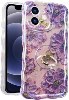 Étui pour iPhone 12 Pro Max Anneau, fleur peinte à l'huile Fleur rétro colorée, cadre ondulé mignon Étui pour téléphone pour femme