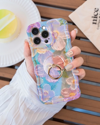 Étui pour iPhone 12 Pro Max Anneau, fleur peinte à l'huile Fleur rétro colorée, cadre ondulé mignon Étui pour téléphone pour femme