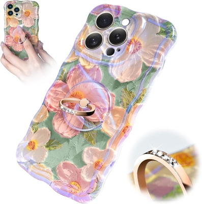 Étui pour iPhone 12 Pro Max Anneau, fleur peinte à l'huile Fleur rétro colorée, cadre ondulé mignon Étui pour téléphone pour femme