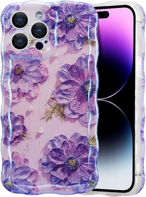 iPhone 12 Pro Max, imprimé à l'huile rétro coloré, modèle laser brillant, bord ondulé et bouclé, étagère de téléphone exquise