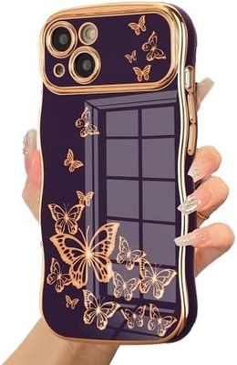 iPhone 13 étui pour téléphone pour fille, cadre ondulé bouclé, motif papillon plaqué de luxe, protection contre les chocs de lentille TPU