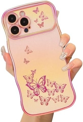 iPhone 13 étui pour téléphone pour fille, cadre ondulé bouclé, motif papillon plaqué de luxe, protection contre les chocs de lentille TPU