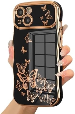 iPhone 13 étui pour téléphone pour fille, cadre ondulé bouclé, motif papillon plaqué de luxe, protection contre les chocs de lentille TPU