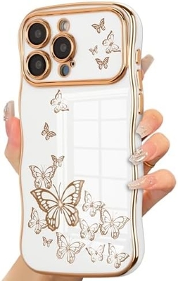 iPhone 13 étui pour téléphone pour fille, cadre ondulé bouclé, motif papillon plaqué de luxe, protection contre les chocs de lentille TPU