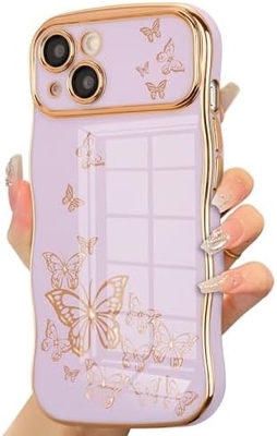 iPhone 13 étui pour téléphone pour fille, cadre ondulé bouclé, motif papillon plaqué de luxe, protection contre les chocs de lentille TPU
