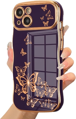 iPhone 13 étui pour téléphone pour fille, cadre ondulé bouclé, motif papillon plaqué de luxe, protection contre les chocs de lentille TPU