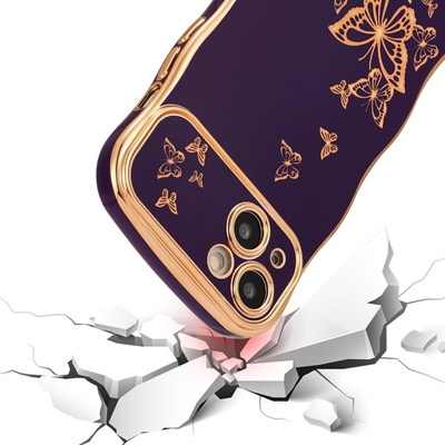 iPhone 13 étui pour téléphone pour fille, cadre ondulé bouclé, motif papillon plaqué de luxe, protection contre les chocs de lentille TPU