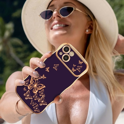 iPhone 13 étui pour téléphone pour fille, cadre ondulé bouclé, motif papillon plaqué de luxe, protection contre les chocs de lentille TPU