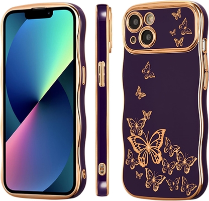 iPhone 13 étui pour téléphone pour fille, cadre ondulé bouclé, motif papillon plaqué de luxe, protection contre les chocs de lentille TPU