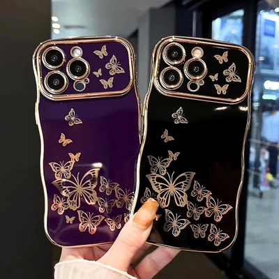 iPhone 13 étui pour téléphone pour fille, cadre ondulé bouclé, motif papillon plaqué de luxe, protection contre les chocs de lentille TPU