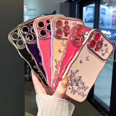 iPhone 13 étui pour téléphone pour fille, cadre ondulé bouclé, motif papillon plaqué de luxe, protection contre les chocs de lentille TPU