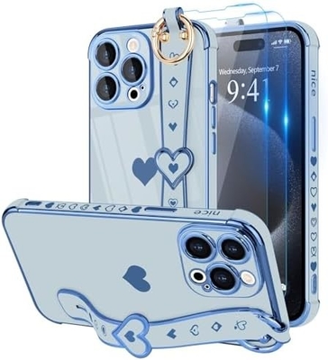 iPhone 12 Pro Cute Love-Heart Plating Strap Couverture téléphonique pour les femmes Les filles Bling Lentille de caméra en silicone pare-chocs de protection