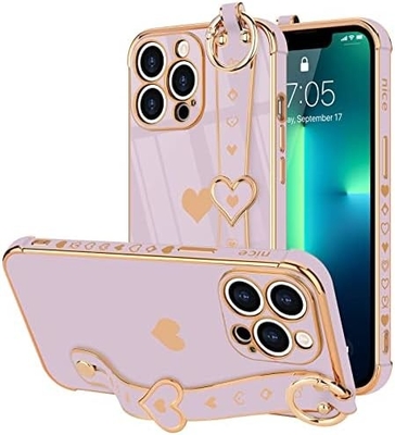 iPhone 12 Pro Cute Love-Heart Plating Strap Couverture téléphonique pour les femmes Les filles Bling Lentille de caméra en silicone pare-chocs de protection