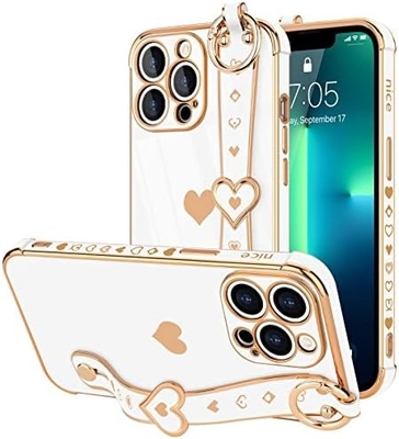 iPhone 12 Pro Cute Love-Heart Plating Strap Couverture téléphonique pour les femmes Les filles Bling Lentille de caméra en silicone pare-chocs de protection