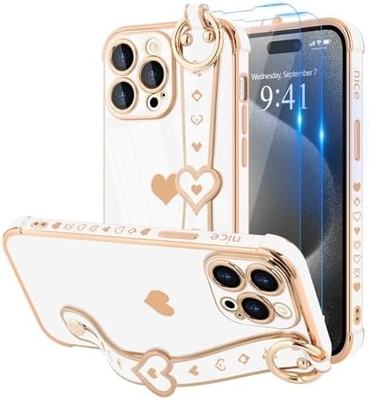 iPhone 12 Pro Cute Love-Heart Plating Strap Couverture téléphonique pour les femmes Les filles Bling Lentille de caméra en silicone pare-chocs de protection