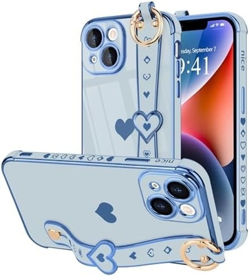 iPhone 12 Pro Cute Love-Heart Plating Strap Couverture téléphonique pour les femmes Les filles Bling Lentille de caméra en silicone pare-chocs de protection