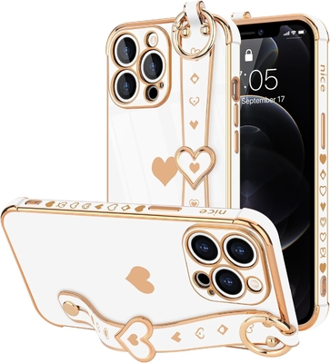 iPhone 12 Pro Cute Love-Heart Plating Strap Couverture téléphonique pour les femmes Les filles Bling Lentille de caméra en silicone pare-chocs de protection
