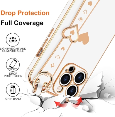 iPhone 12 Pro Cute Love-Heart Plating Strap Couverture téléphonique pour les femmes Les filles Bling Lentille de caméra en silicone pare-chocs de protection