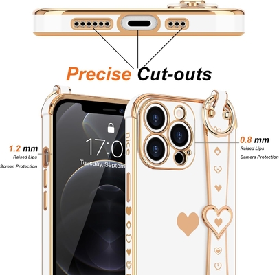 iPhone 12 Pro Cute Love-Heart Plating Strap Couverture téléphonique pour les femmes Les filles Bling Lentille de caméra en silicone pare-chocs de protection