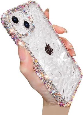 Protection de l'objectif de l'appareil photo au motif de cristal de luxe Couverture transparente souple antichoc Casse téléphonique (bleu, iPhone 13 Pro