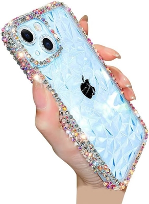 Protection de l'objectif de l'appareil photo au motif de cristal de luxe Couverture transparente souple antichoc Casse téléphonique (bleu, iPhone 13 Pro