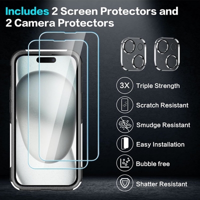 5 en 1 pour iPhone 15 Plus Casse, avec 2 paquets de protecteur d'écran + 2 paquets de protecteur de lentille de caméra, dur dur dur