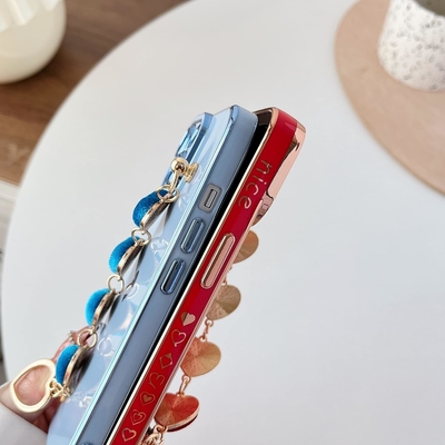 Pour l'iPhone 12 Pro Max Casse,Cute Plating Love Heart Poignet de la ceinture de la chaîne Bracelet Doux Compatible avec