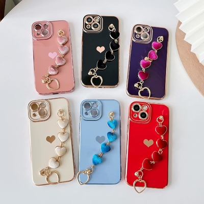 Pour l'iPhone 12 Pro Max Casse,Cute Plating Love Heart Poignet de la ceinture de la chaîne Bracelet Doux Compatible avec