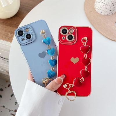 Pour l'iPhone 12 Pro Max Casse,Cute Plating Love Heart Poignet de la ceinture de la chaîne Bracelet Doux Compatible avec