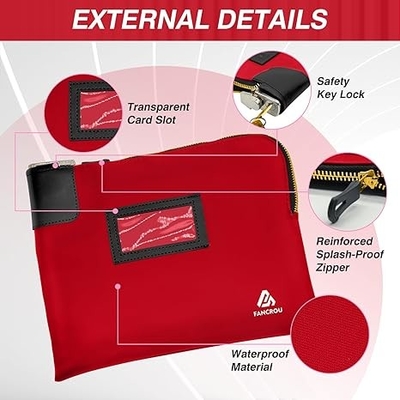 Sac à main étanche avec serrure et 2 clés, sac à argent avec fermeture à glissière, sacs de sécurité pour l'argent, sac de dépôt bancaire durable, sac de documents en nylon, sac de portefeuille de chèques de pièces, petit sac à argent, 11 x 9 pouces, rouge