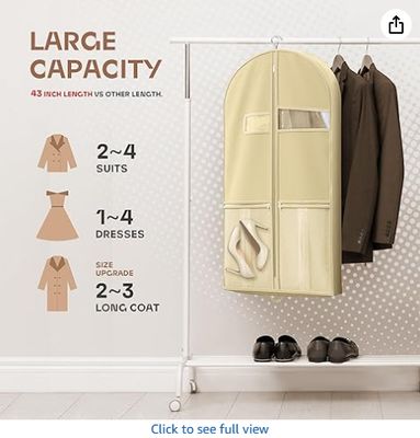 Sac à vêtements de voyage 43" avec poche zippée pour accessoires, sac à costume robuste pour costumes, smokings, robes, manteaux, beige, 1 paquet