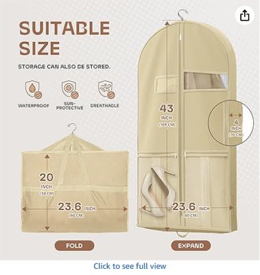 Sac à vêtements de voyage 43" avec poche zippée pour accessoires, sac à costume robuste pour costumes, smokings, robes, manteaux, beige, 1 paquet