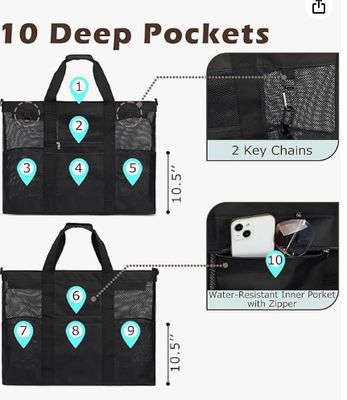 Sac de plage en filet métallique, grand sac fourre-tout de plage, avec poches zippées, adapté aux sacs de piscine familiaux, essentiel pour les jouets et les vacances