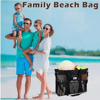 Sac de plage en filet métallique, grand sac fourre-tout de plage, avec poches zippées, adapté aux sacs de piscine familiaux, essentiel pour les jouets et les vacances