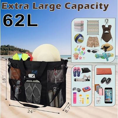 Sac de plage en filet métallique, grand sac fourre-tout de plage, avec poches zippées, adapté aux sacs de piscine familiaux, essentiel pour les jouets et les vacances